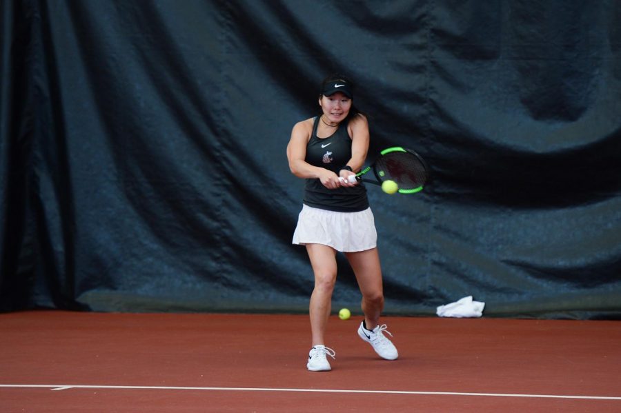 Freshman+Yang+Lee+hits+the+ball+during+her+match+against+Boise+State+on+Saturday+at+Hollingbery+Fieldhouse.+WSU+is+currently+on+a+two-match+losing+streak.