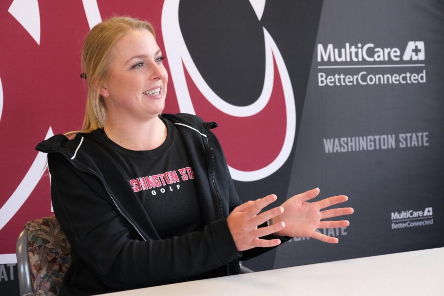 Senior Madison Odiorne reflects on the support system provided by WSU Athletics during her time at WSU Monday afternoon in Bohler Gym. “Everything kind of just pushed her back to being a golfer,” Odiorne’s father says.