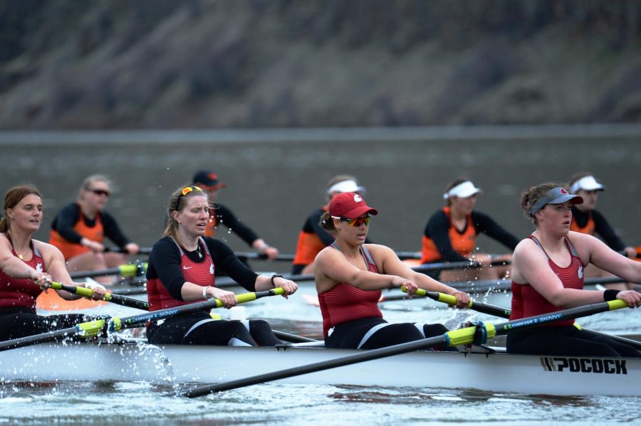 The second varsity eight team competes against the Oregon State University team during a regatta March 24 on the Snake River. This is one of three boats that could qualify for the NCAA Rowing Championships May 31 to June 2. 