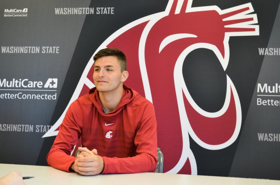 Senior+high+jumper+Peyton+Fredrickson+discusses+his+upcoming+events+Sunday+at+the+Bohler+Athletic+Complex.+