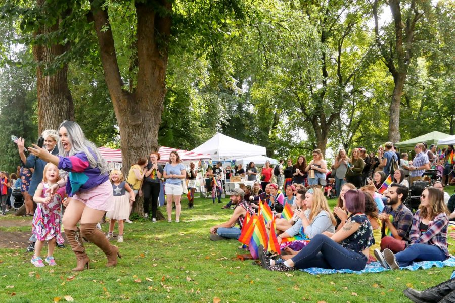 Jenna Sepa, a drag performer, entertains the crowd at last year’s Palouse Pride Festival in Moscow’s East City Park.