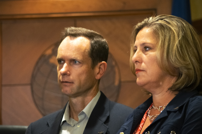Matthew and Jill McCluskey stand side-by-side during a press conference Jun 27, where they announced they have filed a $56 million lawsuit against the University of Utah in the wake their daughter Laurens murder.