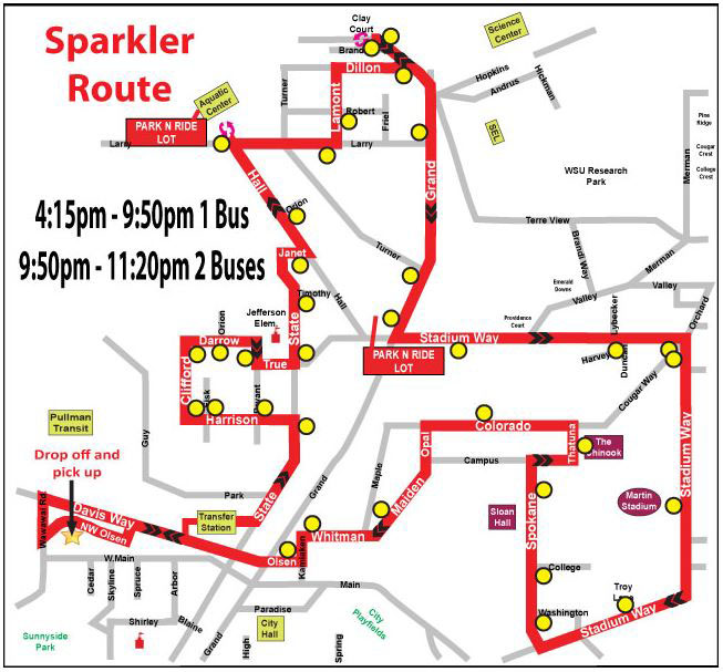 Pullman Transit has routes in place for Independence Day Service to Sunnyside Park. The Sparkler Route is one that runs from 4:15pm to 11:30pm.