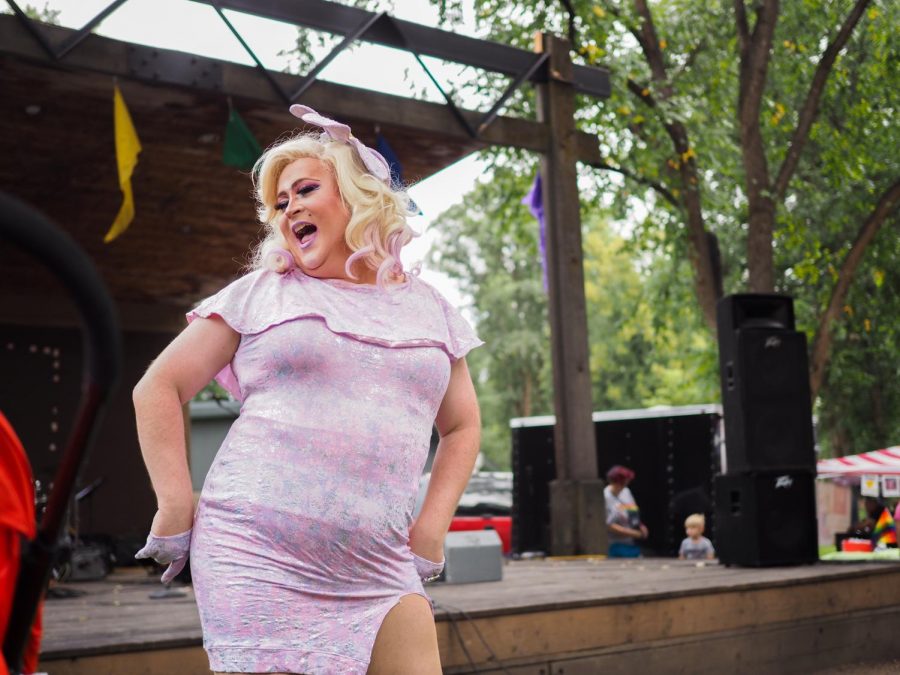 Aquasha DeLusty, drag queen, performs at the Palouse Pride festival on Saturday.