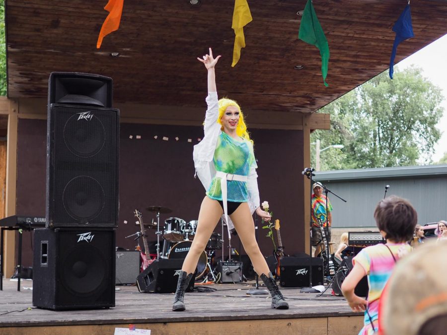 Faye, drag queen, performs at the Palouse Pride festival on Saturday.