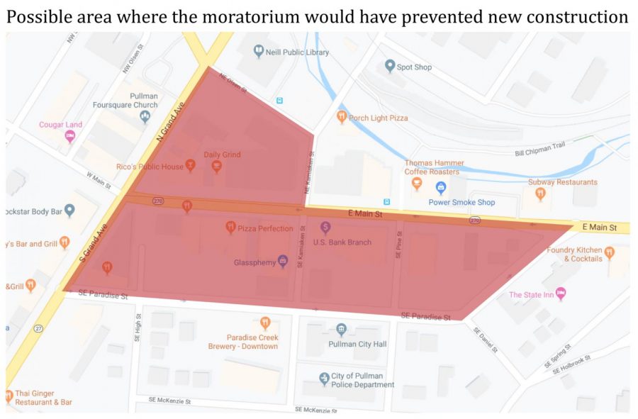 The red boxes indicate potential areas of downtown where new construction would be delayed until the master plan was complete. However, the moratorium motion was not seconded so any new construction projects will be able to begin as soon as they are approved.