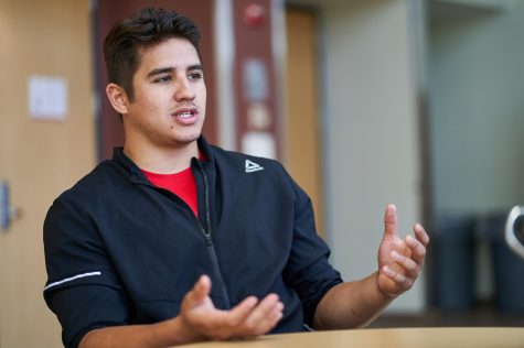 Nick Torres, captain of the WSU Men’s Ice Hockey club, explains his passion for hockey and wishes for more people to come see his team play, on Monday at Goertzen Hall. The first game is Sept. 27 in Mountlake Terrace, Washington.