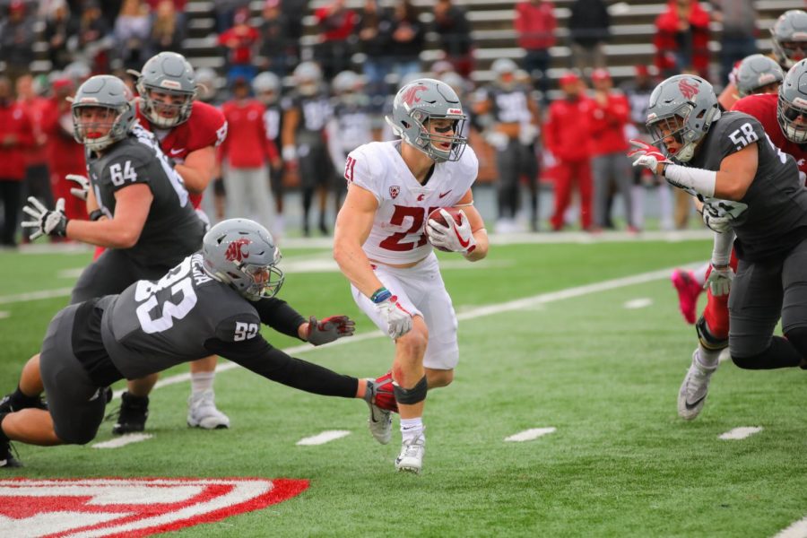 Sophomore+running+back+Max+Borghi+runs+and+scores+a+touchdown+during+the+Crimson+and+Gray+game+on+April+20+in+Martin+Stadium.