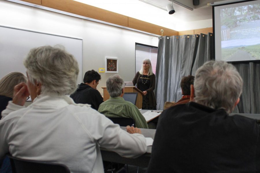 Bobbie Ryder, President of Pullman Civic Trust, provides information about the Colfax Albion Pullman Rail Corridor during a Brown Bag meeting on Tuesday afternoon at the Neill Public Library.