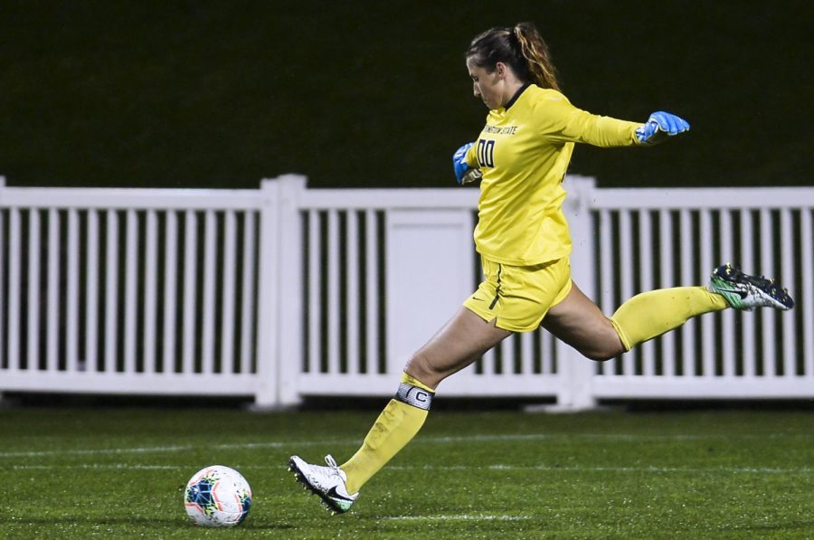 Graduate goalkeeper Ella Dederick kicks the ball during the game against Oregon State on Saturday at the Lower Soccer Field. 