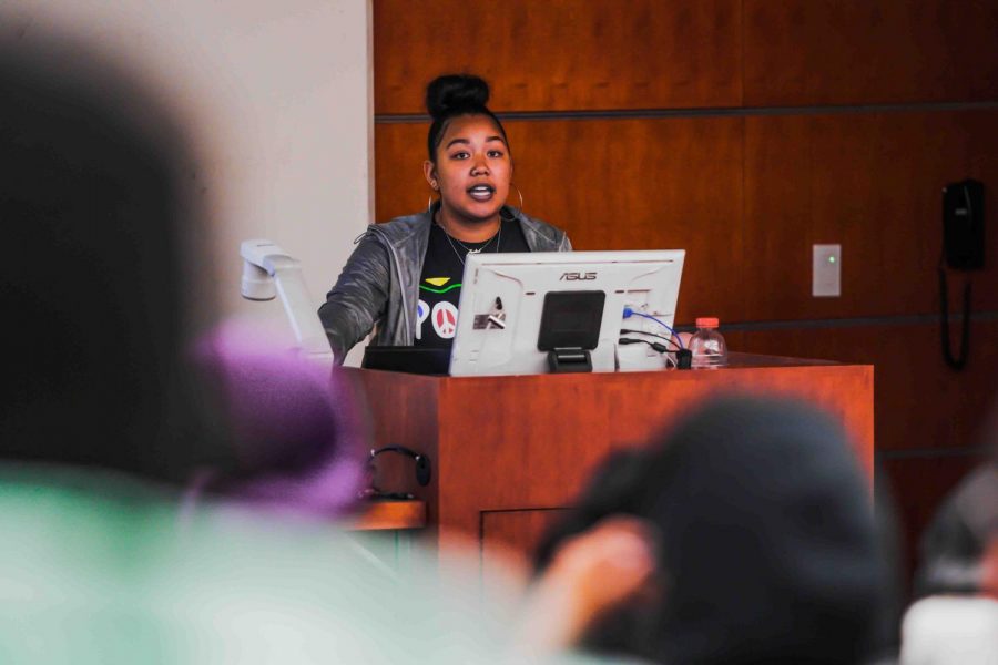 Makayia Thompson, president of Black Student Union, speaks to attendees at an open forum about WSU PD’s arrests of black individuals Tuesday evening in the Smith Center for Undergraduate Education. 