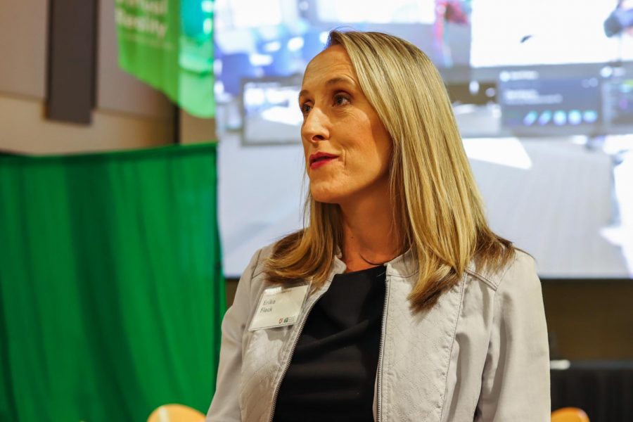 Erika Fleck, Director of Education and Information Technology at WSU Spokane, talks about virtual reality and the effects this technology has with medical students on Tuesday evening at the 2019 Health Innovation Summit at the SEL Event Center.