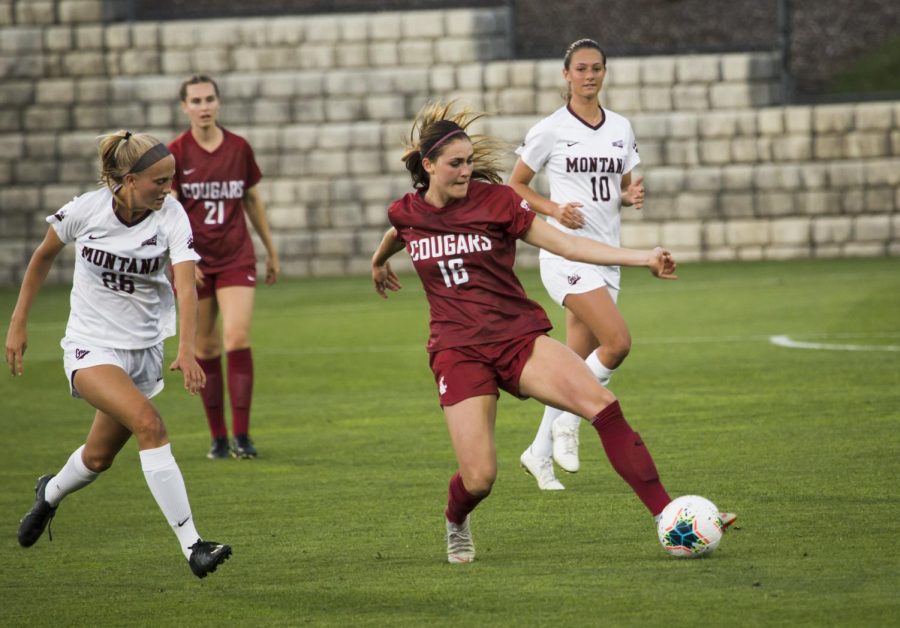 Graduate midfielder Averie Collins gets in position to kick the ball during the game against Montana on Friday Aug. 30 at the Lower Soccer Field. 