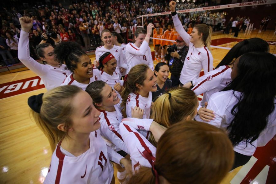 WSU+volleyball++celebrates+after+winning+the+match+against+Tennessee+on+Dec.+1+in+Bohler+Gym+to+advance+to+the+third+round+of+the+NCAA+Tournament.