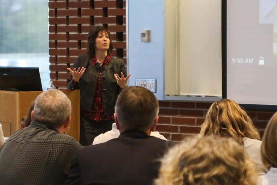 WSU Provost Mitzi Montoya answers questions about her perspective on her values on April 22 at the PACCAR Environmental Technology Building. She announced on Thursday that she will be stepping down.