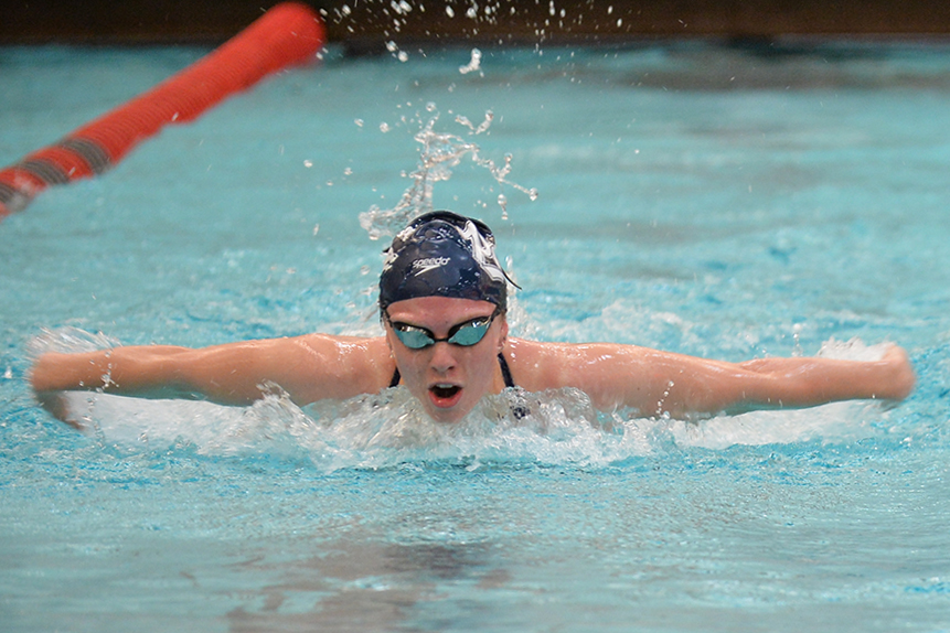 Sophomore Lauren Burckel, places fifth in the 100 meter breaststroke Saturday morning at Gibb Pool.