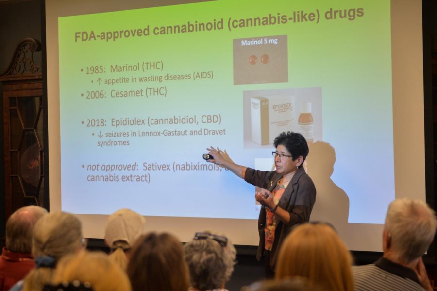 Rebecca Craft, a professor of psychology, speaks about marijuana and whether or not it should be considered a medical miracle on Wednesday at the Foley Speaker’s Room.