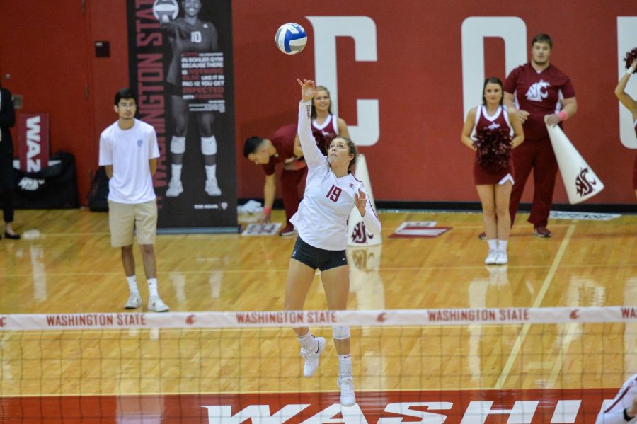 Then-junior+setter+Ashley+Brown+serves+the+ball+against+the+University+of+Southern+California+on+Oct.+19+in+Bohler+Gym.