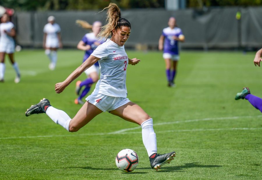 Then-sophomore forward Makamae Gomera-Stevens kicks the ball in an attempt to score against GCU during the game on Aug. 19, 2018 at the Lower Soccer Field.
