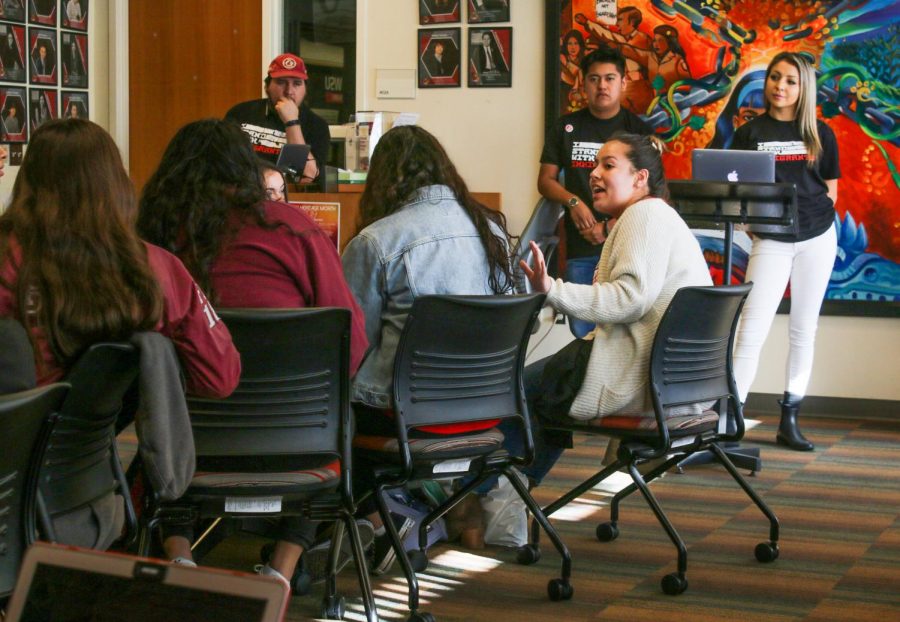 Students discuss how to better support those affected by the upcoming DACA decisions in the
Supreme Court on Tuesday afternoon in the Chicanx Latinx Student Center. The presentation
was part of the I Stand with Immigrants College & University Day of Action.