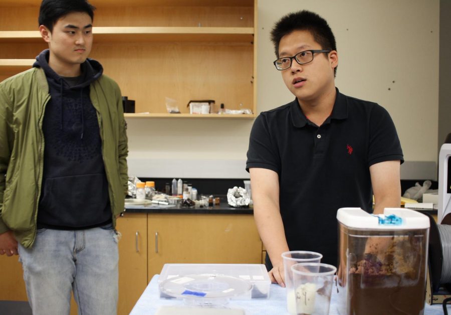 Ph.D.+candidates+Yu-Chung+Chang%2C+right%2C+and+Cheng+Hao+discuss+their+research+towards+using+coffee+grounds+to+create+plastic+on+Thursday+afternoon+in+the+Engineering+Teaching+Research+Laboratory.