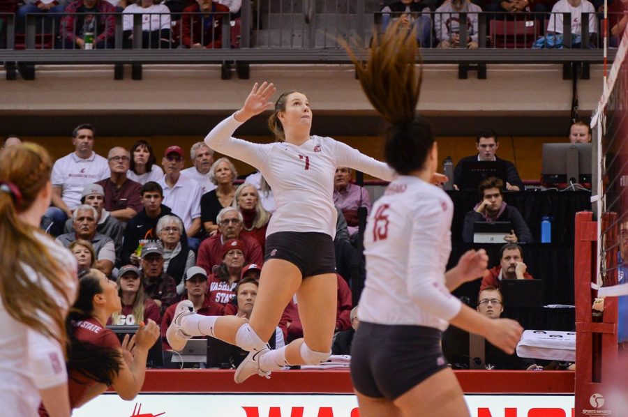 Freshman+outside+hitter+Pia+Timmer+spikes+the+ball+during+the+game+against+Arizona+on+Friday+at+Bohler+Gym.