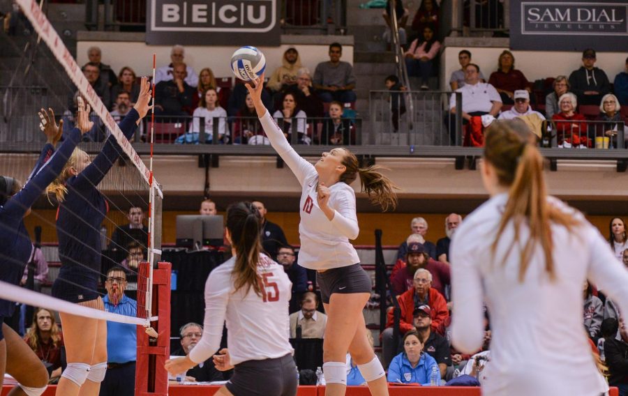 Freshman+outside+hitter+Alexcis+Lusby+spikes+the+ball+during+the+game+against+Arizona+on+Friday+at+Bohler+Gym.