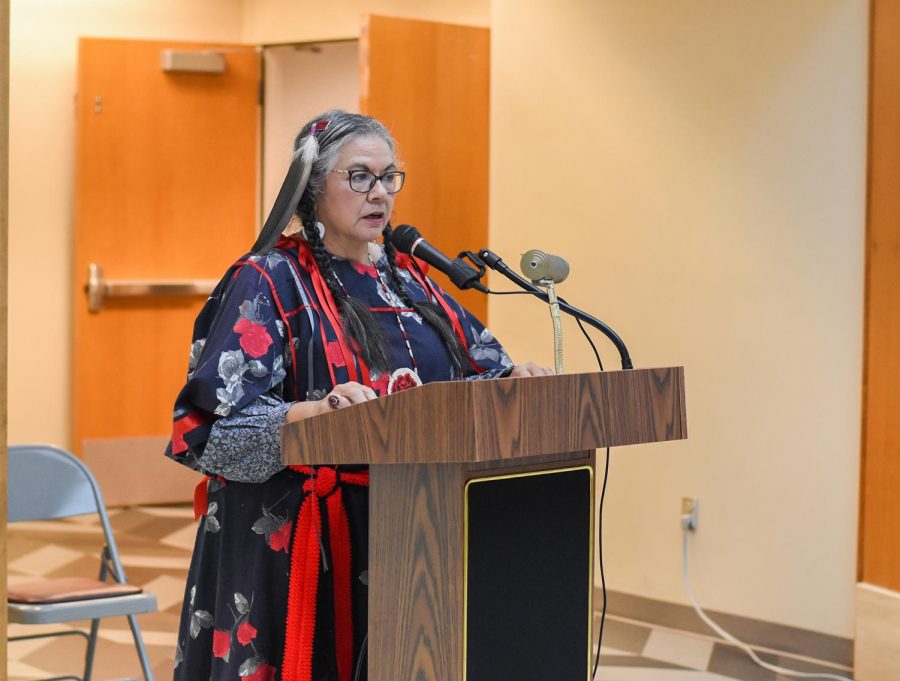 Roberta Paul speaks at Terrell Library about her family’s experience in boarding schools and her grandfather’s trunk, which held many items with cultural significance.
