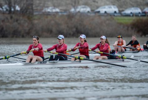 Then-sophomore Emma Barrett, then-junior Linnea Davidson, then-junior Nora Hefte and then-senior Emily Weible compete in the varsity four race on March 24. WSU took second with a time of 7:35.74. 