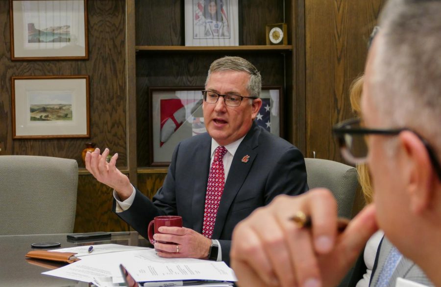 WSU President Kirk Schulz explaining the financial plan to hire a new men’s basketball coach during a WSU regents special meeting on March 28 in the French Administration building.