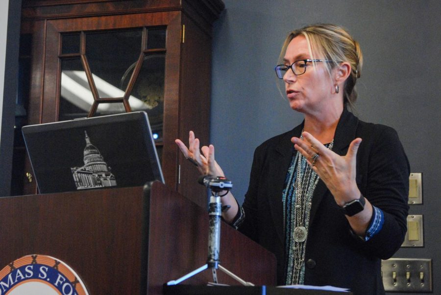 Amy Allen, Pennsylvania State University philosophy department head, speaks about psychoanalysis and the politics of conspiracy theories on Wednesday afternoon, at the Foley Institute. 
