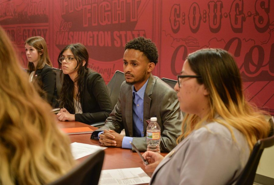 Kebron Gebru, an all-campus senator of ASWSU, expresses his concerns about the protection that students of color get from false accusation by Pullman both on-campus and off campus during the ASWSU meeting on Wednesday evening at the CUB.
