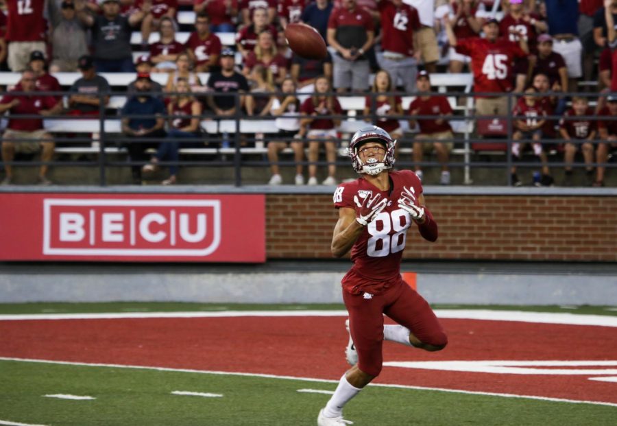 Redshirt freshman wide receiver Rodrick Fisher catches a 41-yard touchdown pass to lead New Mexico State 7-0 in the first quarter on Aug. 31 in Martin Stadium.