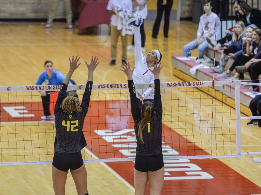 Penny Tusa, junior outside hitter and setter, spikes the ball past Oregon blockers on Friday night at Bohler Gym.