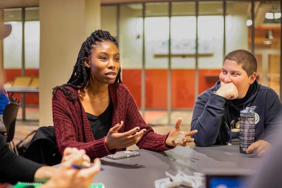 Dominique Burgess, human development student, and Echo Hahn, environmental science student, discussed sustainability at a roundtable discussion Wednesday evening at the CUB Junior Ballroom. 