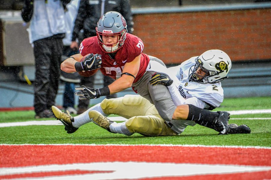 Then-sophomore running back Max Borghi goes in for the touchdown against Colorado in a 2019 game at Martin Stadium.