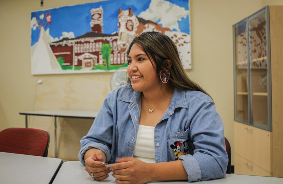 Kyra Antone, senior digital technology and culture major and member of the Cour D’Alene Tohono O’odham tribe, speaks growing native representation on campus Friday at Cleveland Hall.