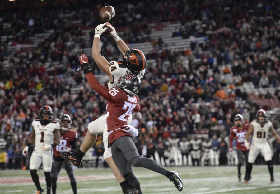 Redshirt junior safety Skyler Thomas hits Oregon State’s sophomore Teagan Quitoriano, stopping the Beavers from converting on fourth down late in the fourth quarter Saturday evening in Martin Stadium.