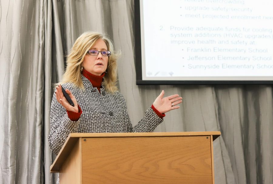 Diane Hodge, Finance Director for the Pullman School District, discussed 2020 bond and levy information to the Pullman League of Women Voters on Thursday at the Neill Public Library. 