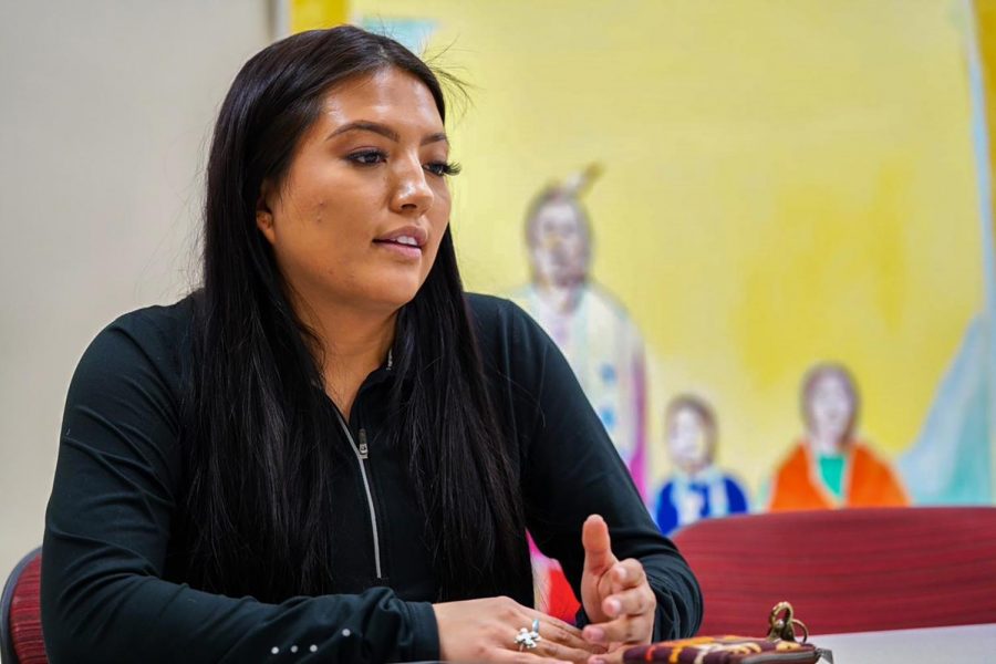 Business and Marketing major Jaissa Grunlose talks about the importance of Native American Heritage Month on Wednesday afternoon at the Native American Program Center.