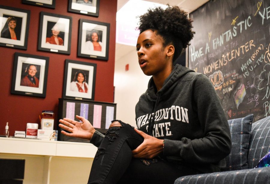 Jazmyne Jackson, current president of the Black Womens Caucus, highlights her experiences with getting involved on campus on Oct. 28 at the Womens Resource Center in Wilson-Short Hall.