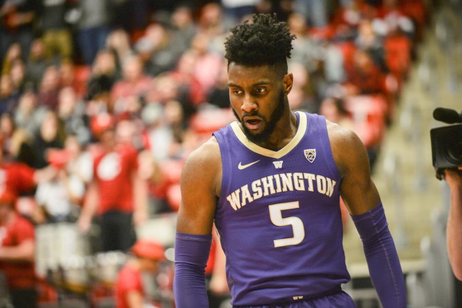 University of Washington’s then-sophomore guard Jaylen Nowell reacts to making a lay-up on Feb. 16 at Beasley Coliseum. Washington made the AP Top 25. 