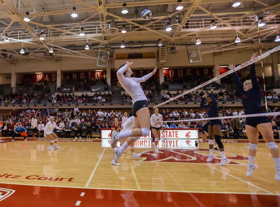 Freshman outside hitter Pia Timmer goes up for the spike against Arizona on Oct. 18 at Bohler Gym.