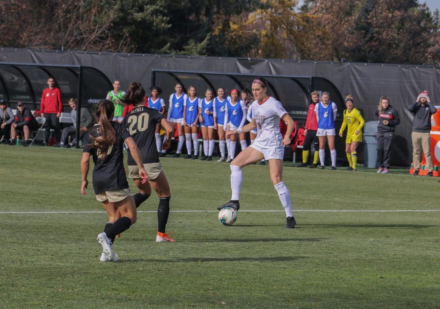Graduate Student midfielder Averie Collins controls the ball against Colorado on Nov. 3 at the Lower Soccer Field.