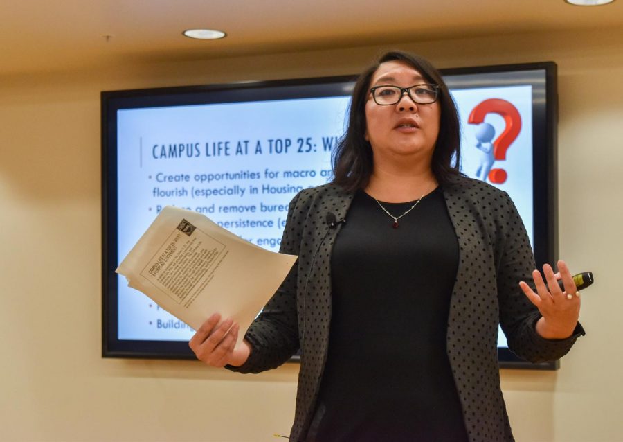 Jill Creighton, dean of studens and associate vice president for campus life, discussed the recent death of a 19-year-old student at the Faculty Senate meeting. She said the dean’s office is looking into ways to support students’ mental health.