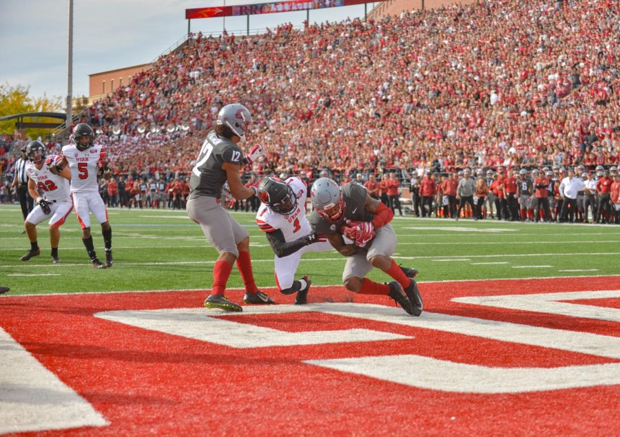 Then-sophomore wide receiver Tay Martin scores a touchdown against University of Utah on Sep. 30, 2018 at Martin Stadium. Utah (9-1, 6-1) has a chance to win the Pac-12 South this year.