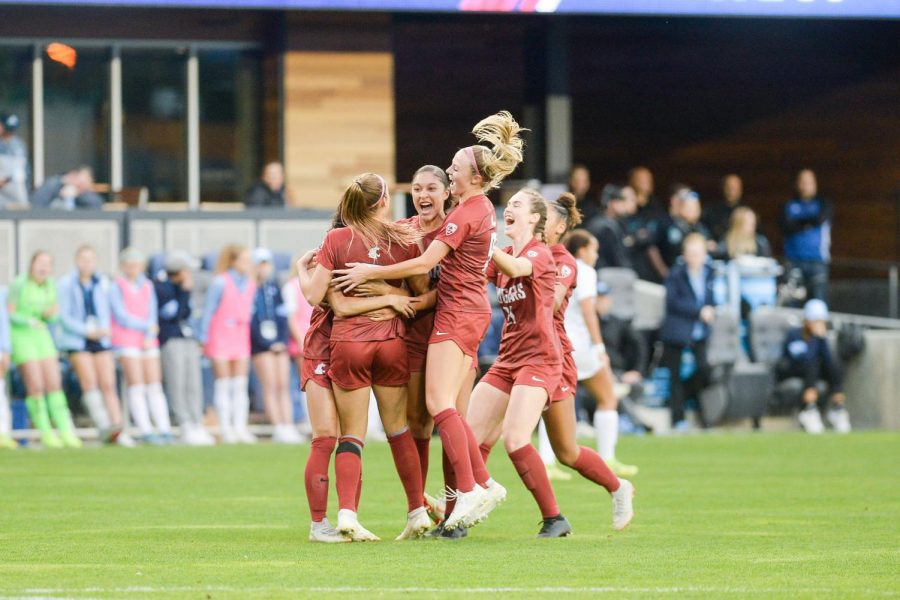 The first goal of the College Cup Final Four Tournament is scored by WSU senior forward Morgan Weaver who celebrates with her team early in the match up against the Tarheels Friday evening at Avaya Stadium.