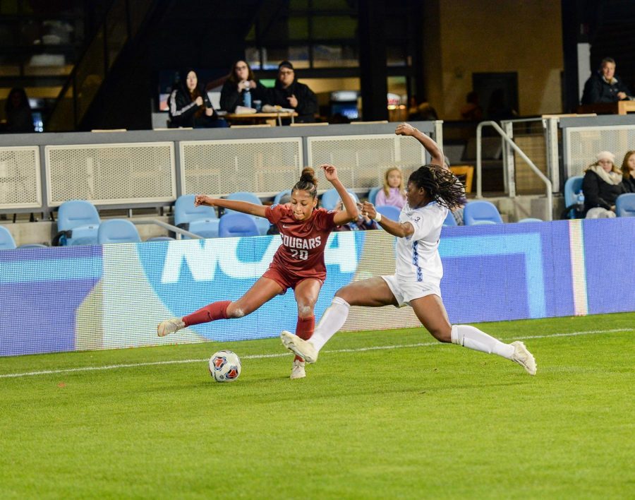 Junior defender Aaquila Mclyn makes a move leaving UNC’s redshirt senior forward Ru Mucherera in the dust Friday evening in the loss at Avaya Stadium.

