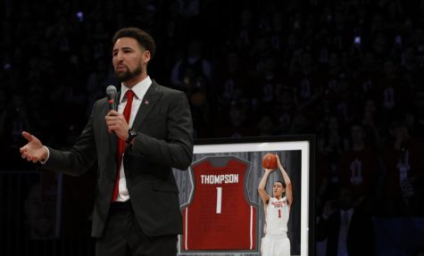 Klay Thompson speaks during halftime of the WSU vs OSU basketball game. Thompson had his jersey retired, becoming the second person to have his basketball jersey retired at WSU.