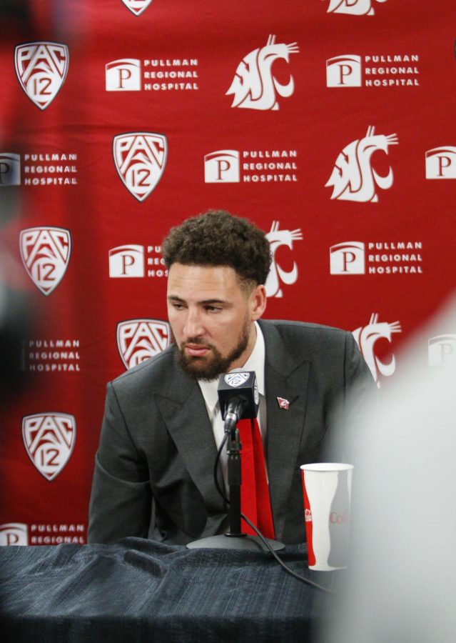 Klay Thompson speaks at a press conference after having his jersey retired at Saturdays mens basketball game against OSU at Beasley Coliseum.